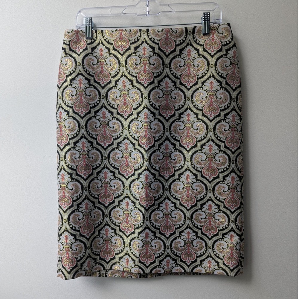 Talbots Pencil Skirt Gold Pink Damask Brocade Metallic Silk Blend Sz 10 Baroque